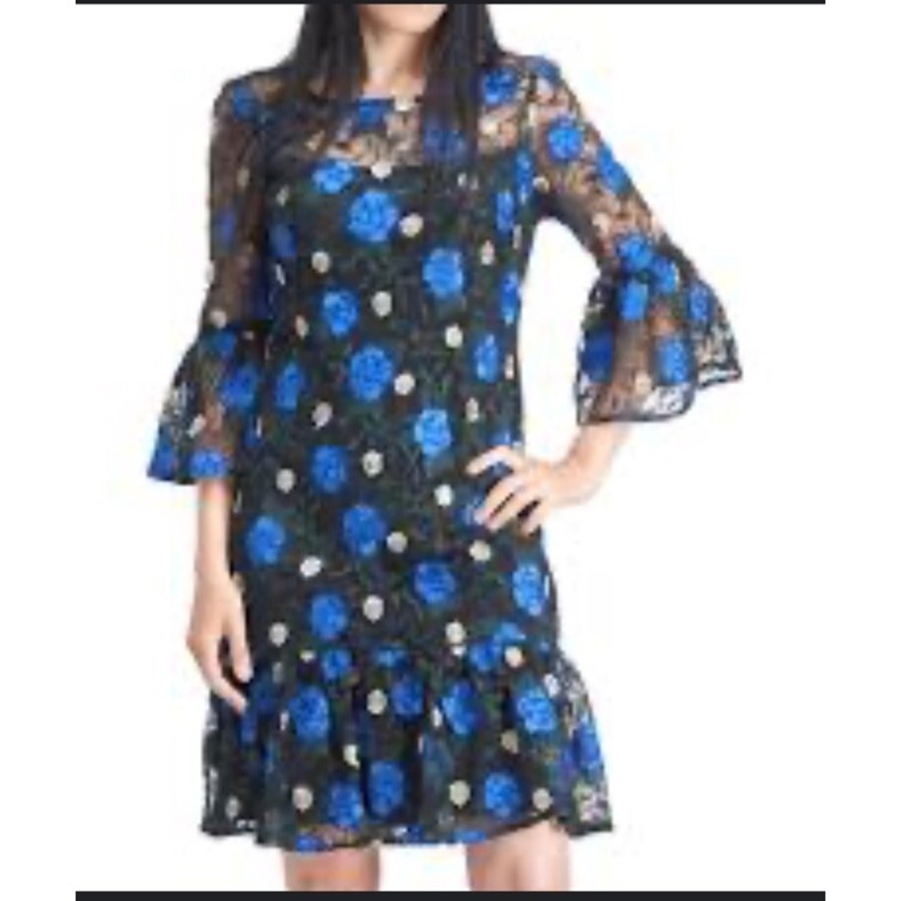 Calvin Klein Womens Floral Embroidered Bell Sleeve Dress Blue Black Lace 12 NEW